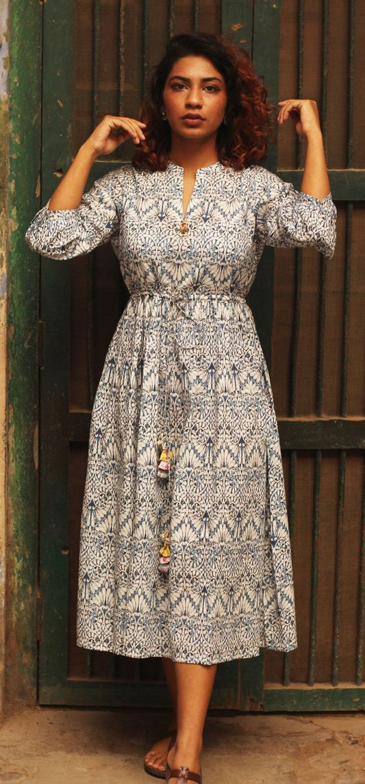 Blue and White Block Printed Gathered Summer Dress | Etsy Canada