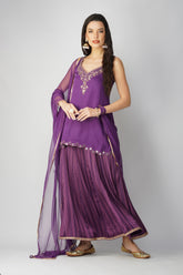 Majestic Purple Ensemble: Embroidered Kurta with Printed Stripe Skirt Set