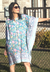 Teal blue floral cotton kaftan