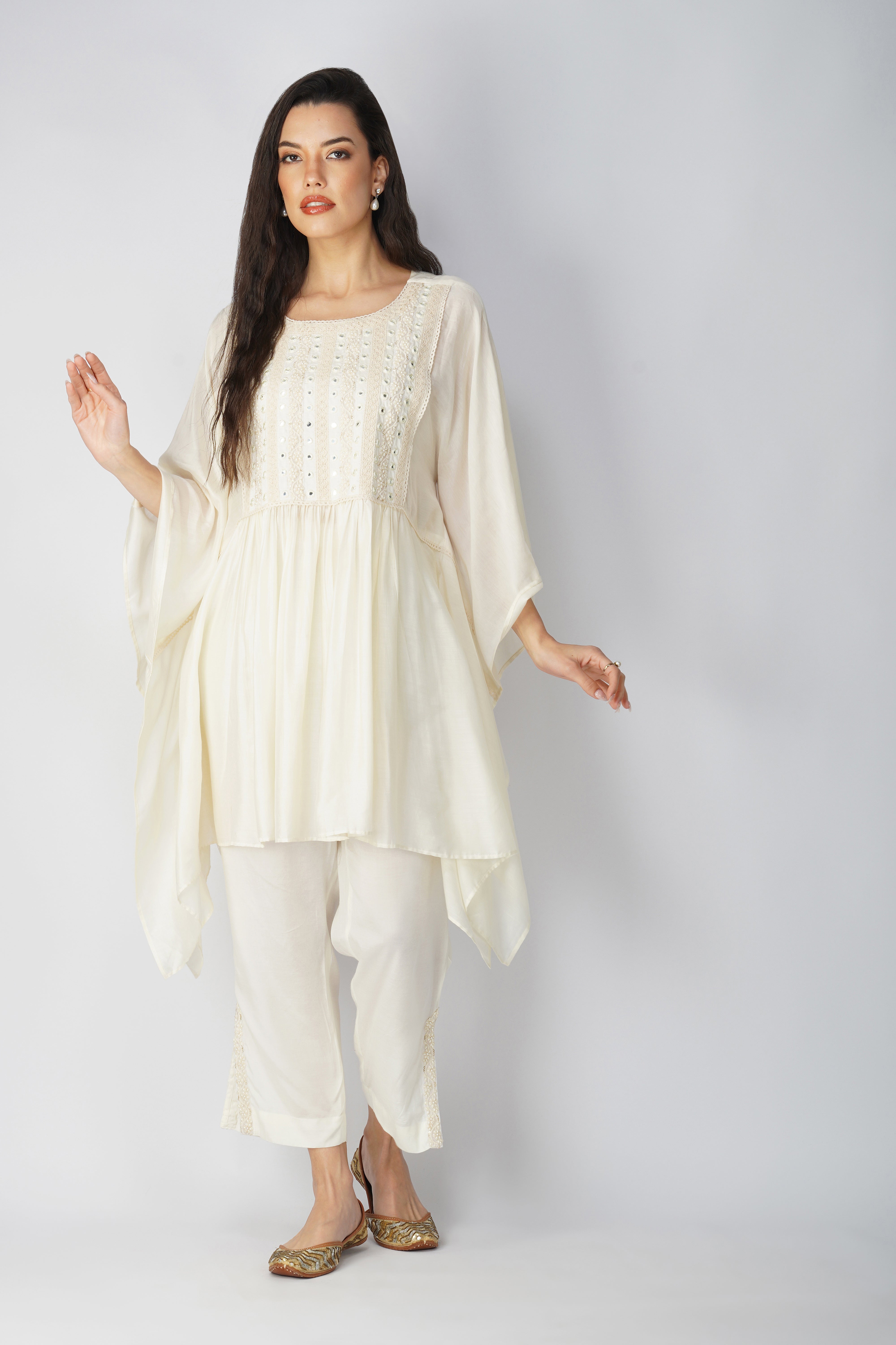 Pearl Lace White Kaftan Tunic Set: Effortless Elegance