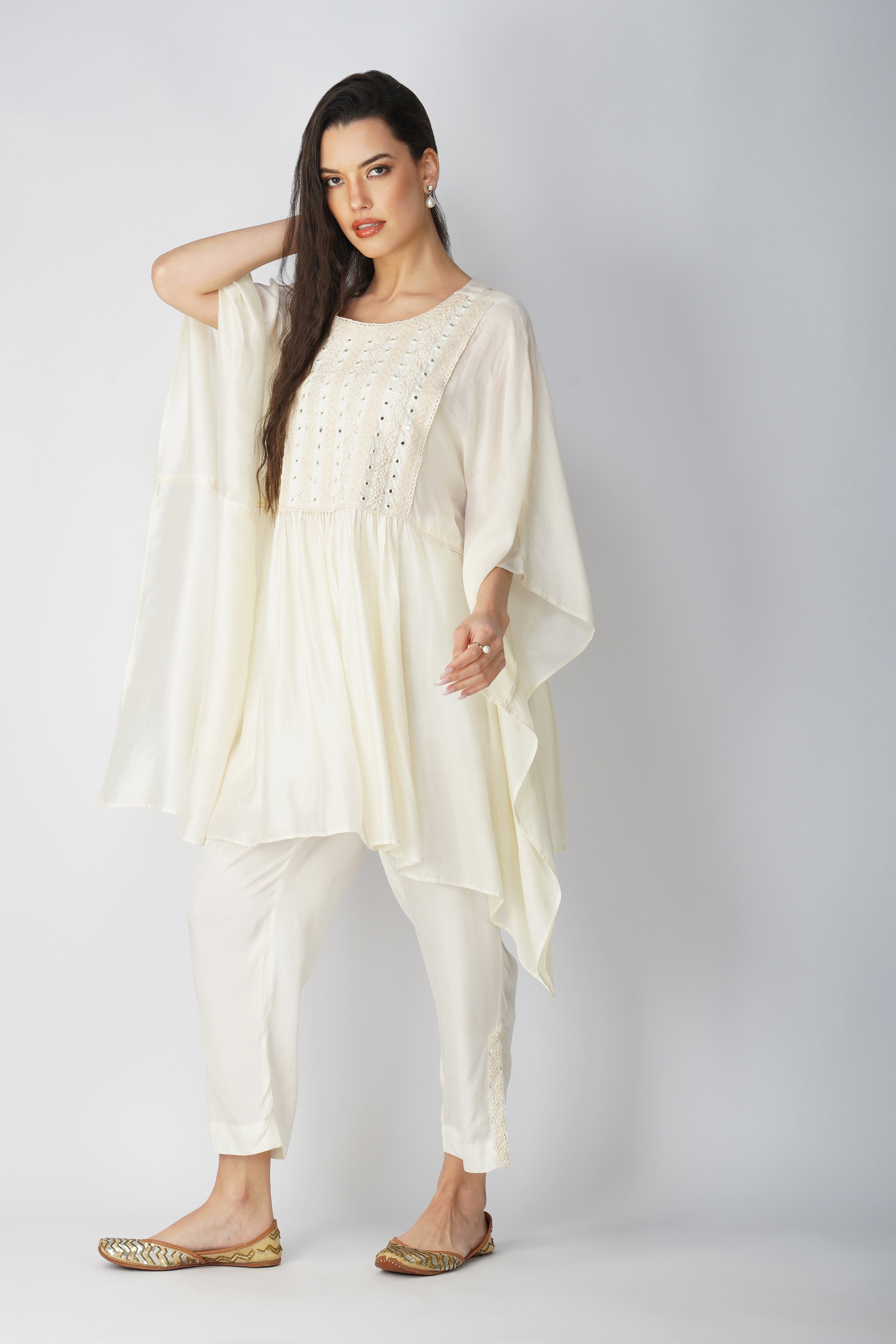 Pearl Lace White Kaftan Tunic Set: Effortless Elegance