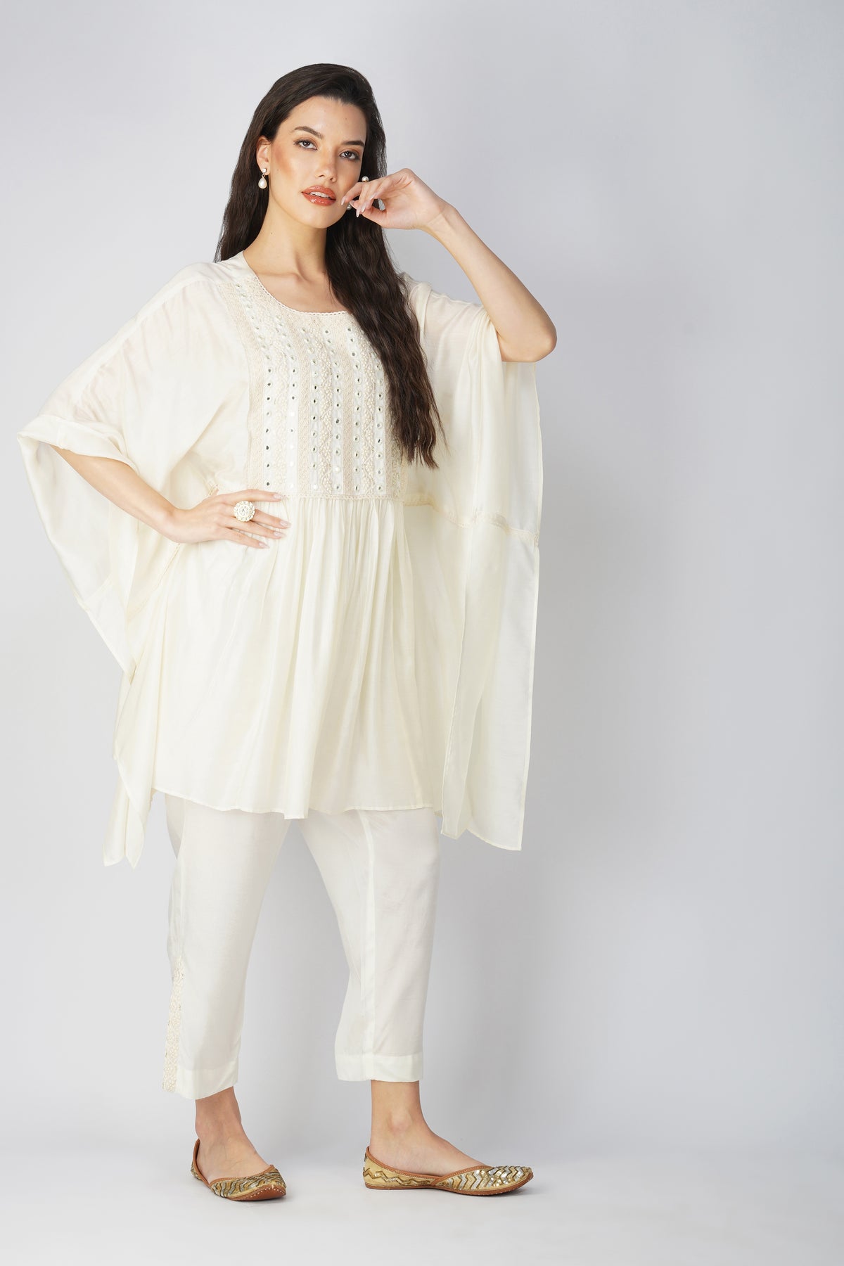 Pearl Lace White Kaftan Tunic Set: Effortless Elegance