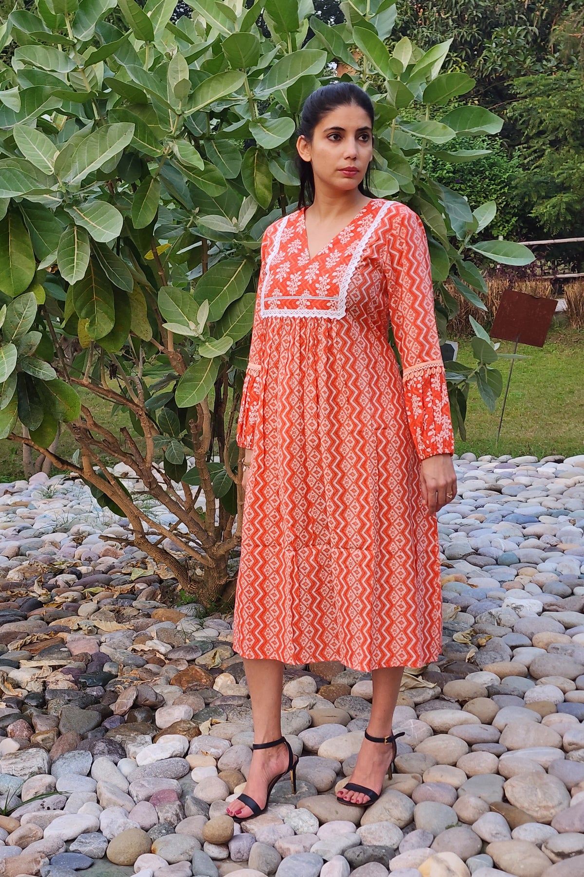 Tangerine Printed Gathered Dress