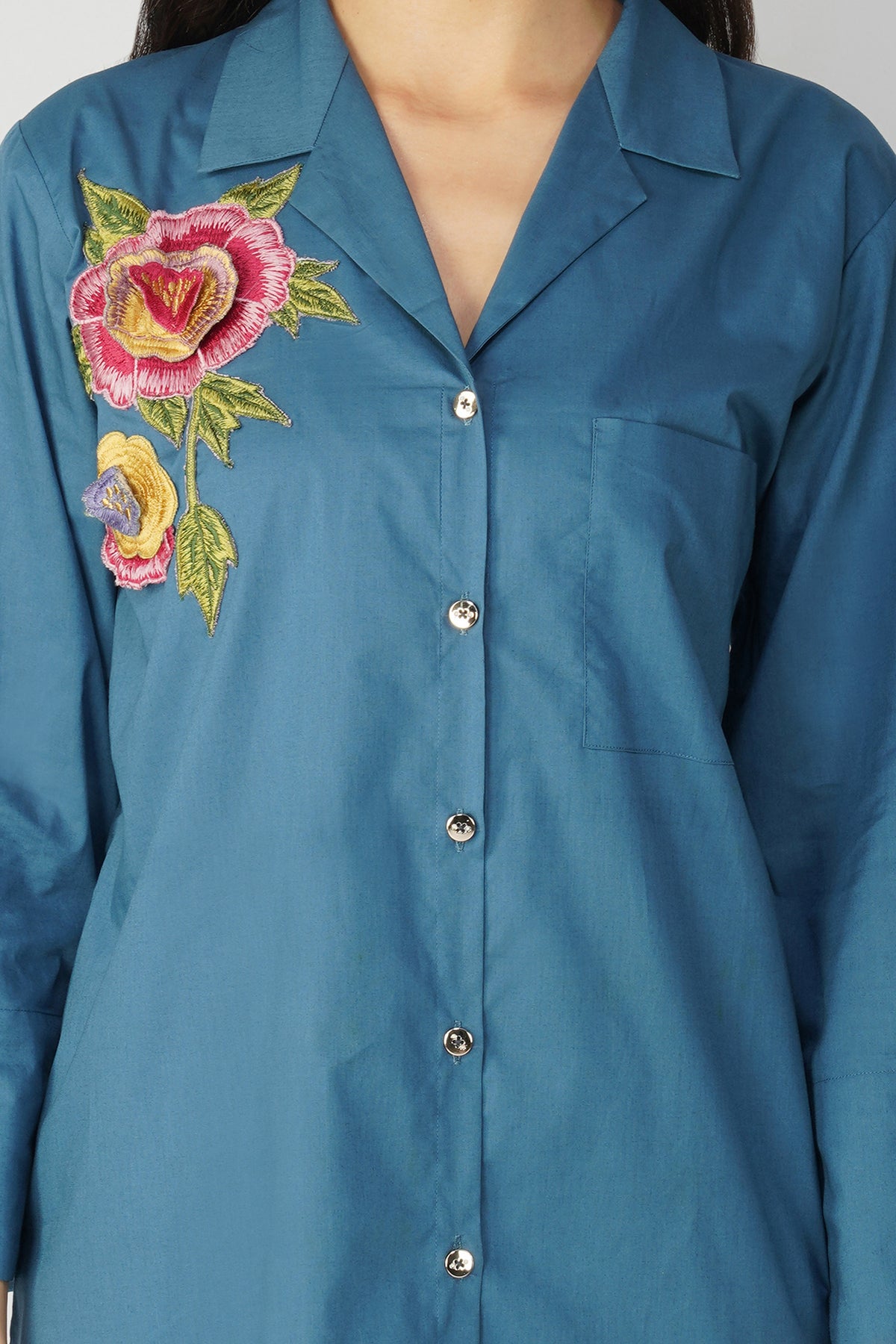 Ink Blue Floral Poplin Shirt Dress