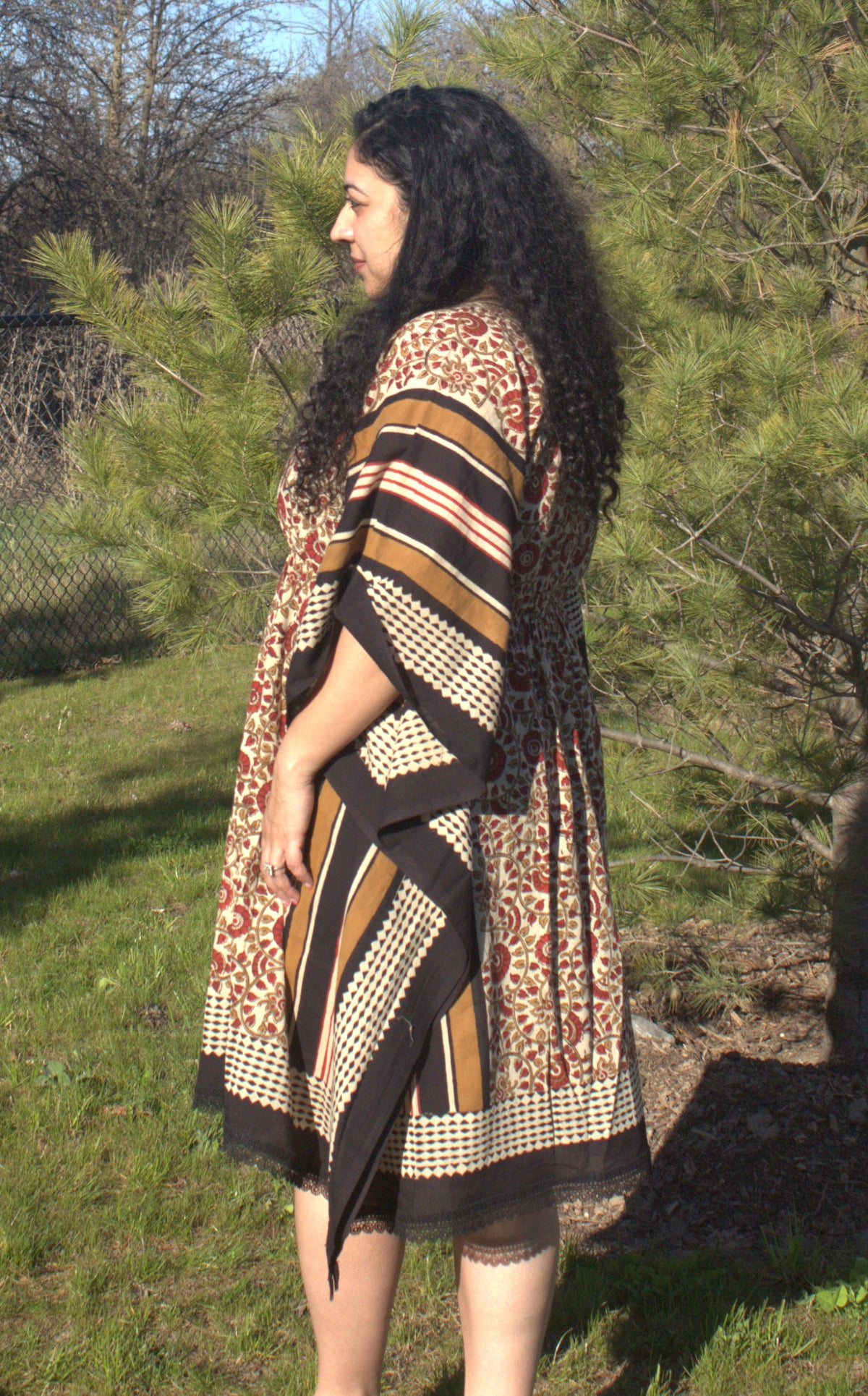 Red and black floral and stripe kaftan