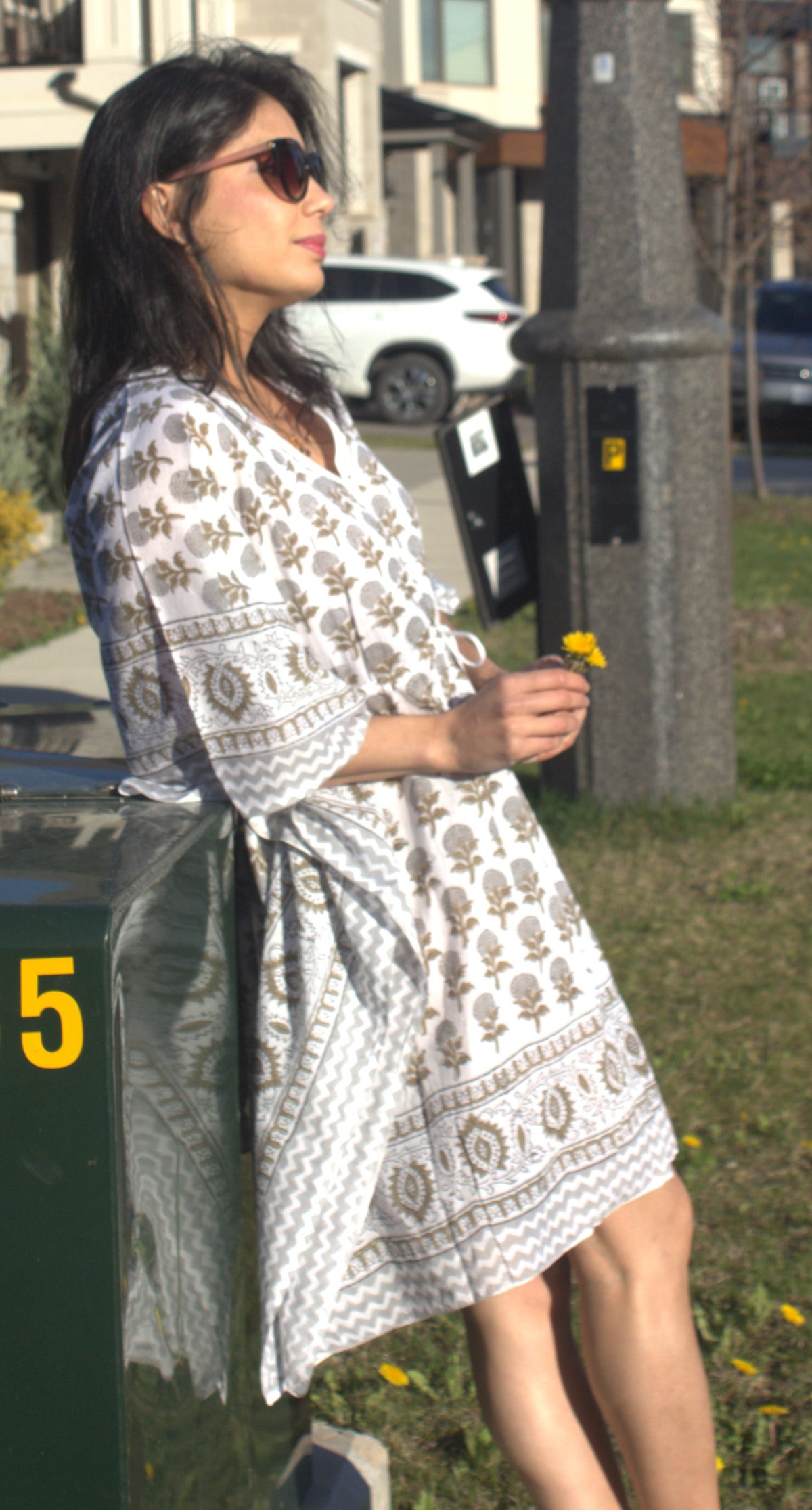 white and grey floral kaftan