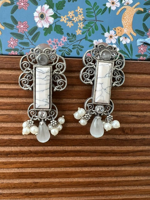 White stone earrings with pearl hanging