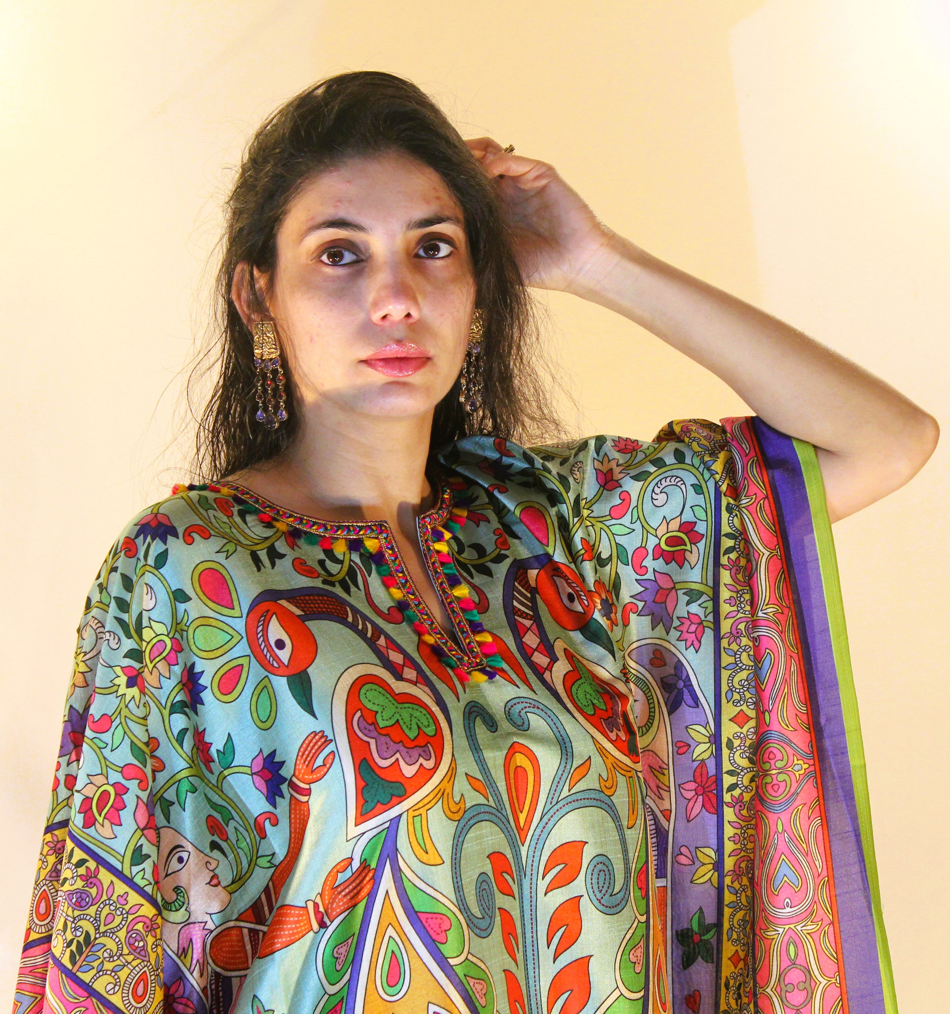 Soft green colorful peacock print silk blend kaftan