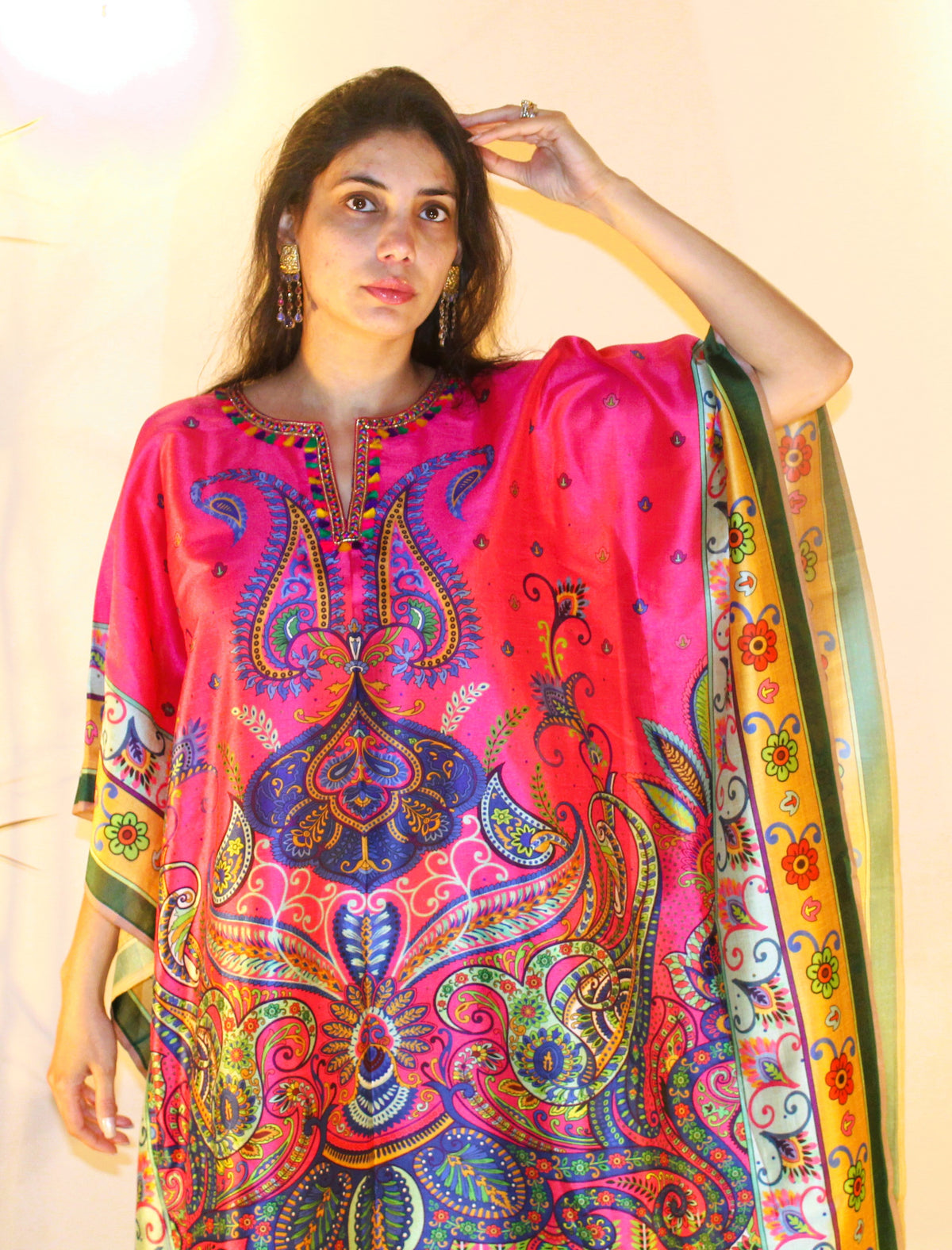 Bright pink floral silk blend kaftan