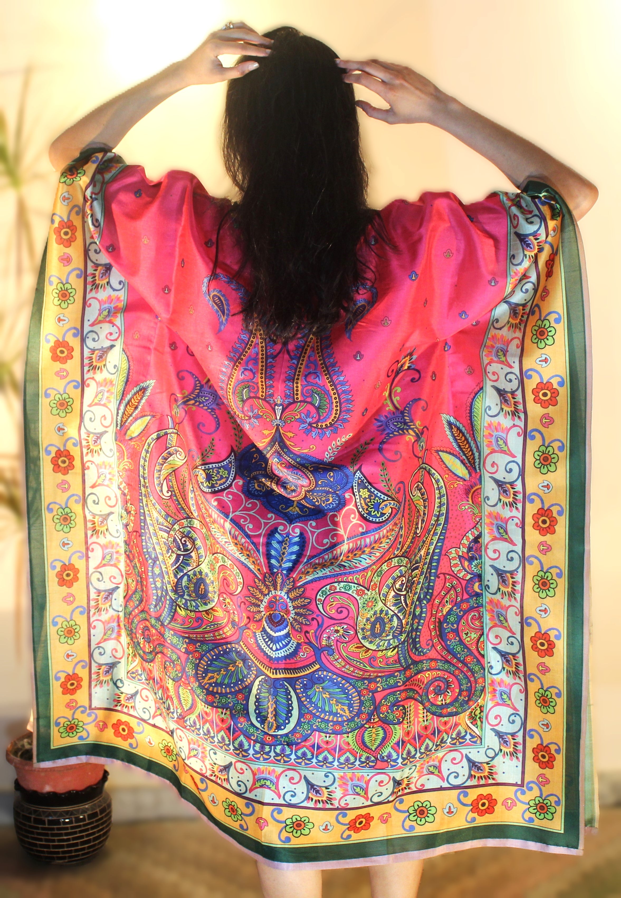 Bright pink floral silk blend kaftan