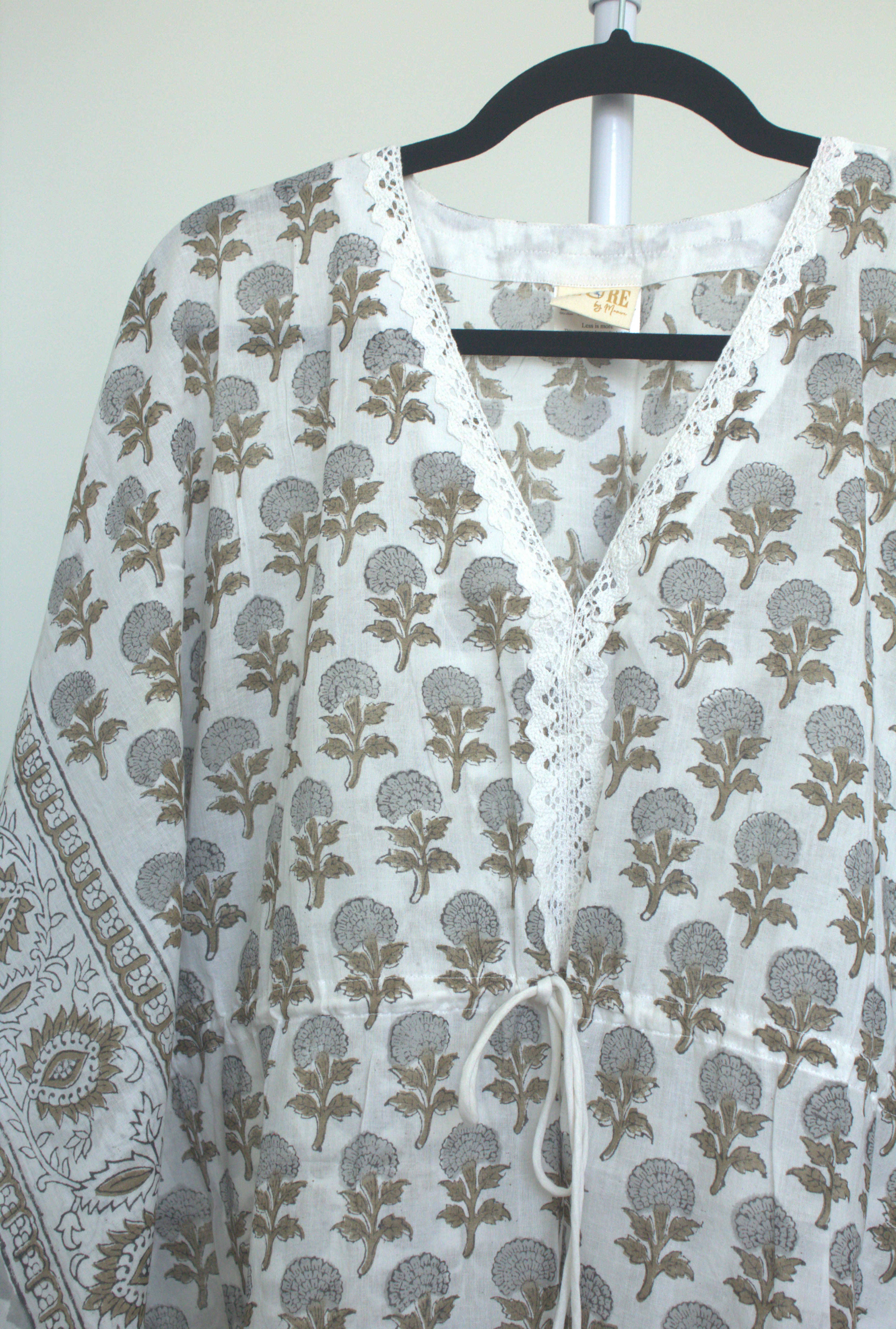 white and grey floral kaftan