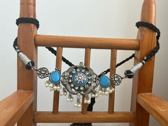 Silver and blue hand painted choker